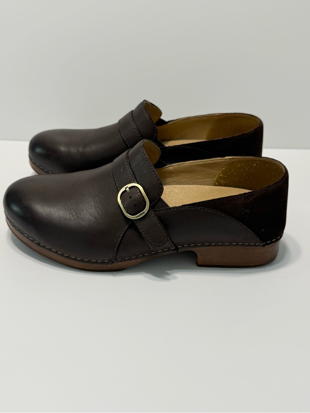 Dansko Maria Brown Leather Suede Buckle Clogs Shoes Slip On Women's Size 9